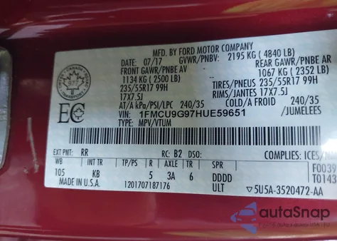 2017 Ford Escape Se из США, поврежденный, VIN 1FMCU9G97HUE59651